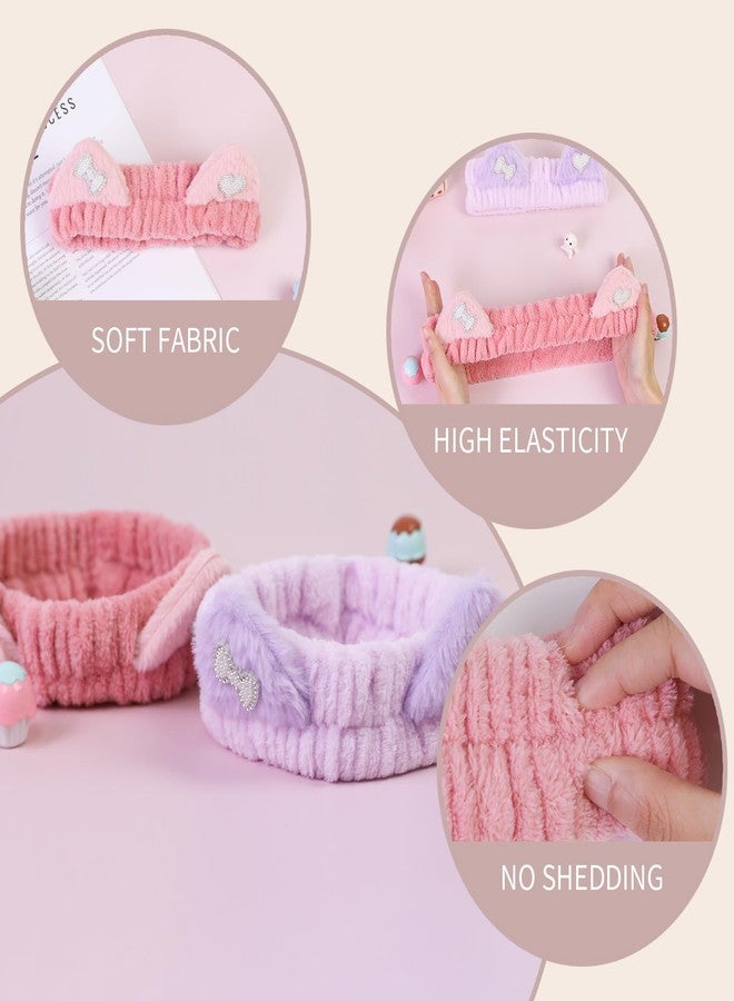 FlyingMage Spa Headband for Washing Face, 2 Pack Cute Cat Ear Hair Band for Shower Yoga Beauty, Fluffy Makeup Headband, Kawaii Facial Headbands for Woman Girls, Dark Pink+Purple Heart - Image 4